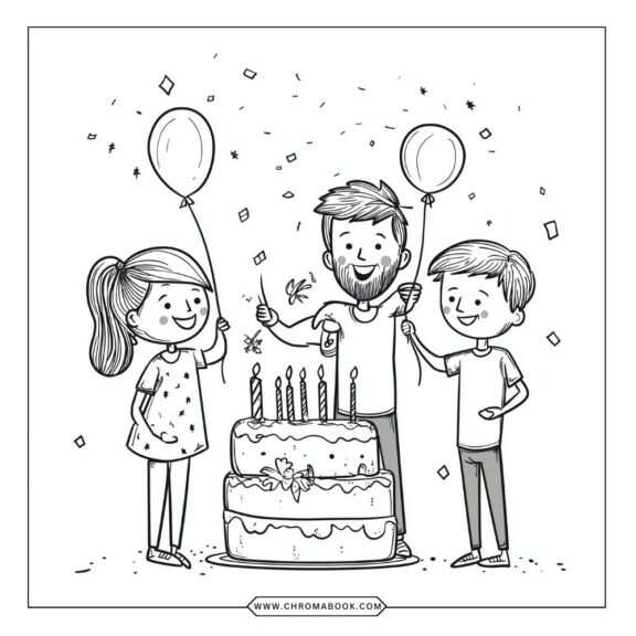 A delightful birthday cake coloring page featuring layers of frosting, candles, and decorative patterns. Free printable for creative fun!