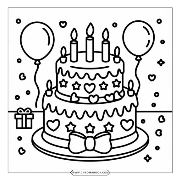 A delightful birthday cake coloring page featuring whimsical designs, balloons, and candles, perfect for creative fun. Free printable!