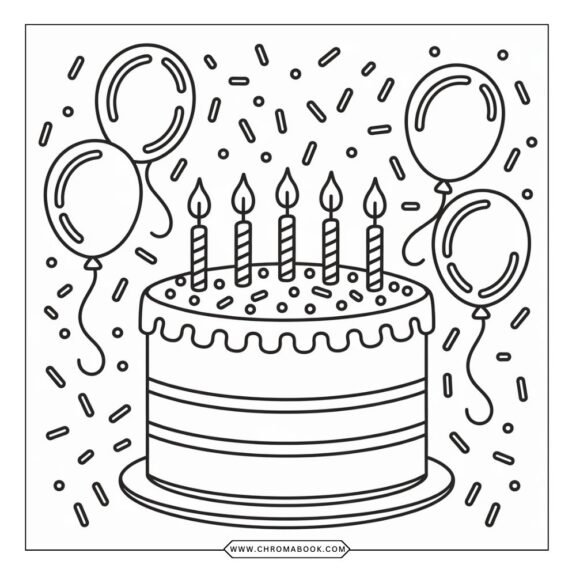 A whimsical birthday cake coloring page featuring intricate layers, candles, and decorations, ideal for a fun, free printable activity.