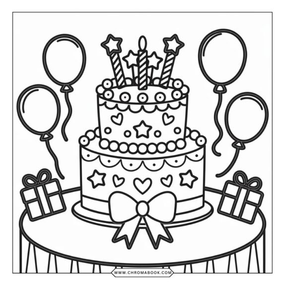 A delightful birthday cake coloring page featuring whimsical layers, candles, and decorations, perfect for a free printable activity.