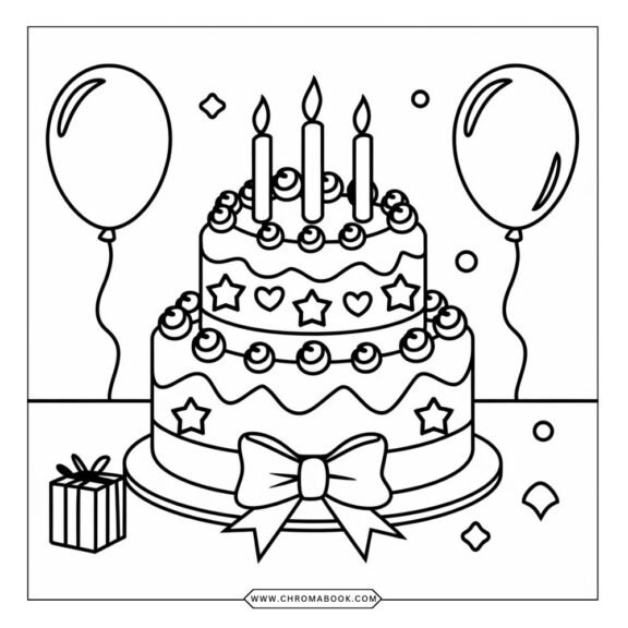 A delightful birthday cake coloring page featuring intricate designs of balloons and candles, perfect for a free printable activity.