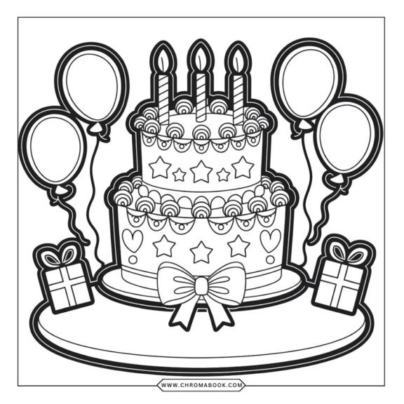 A delightful birthday cake coloring page featuring intricate designs and patterns, perfect for a fun, creative activity. Free printable!