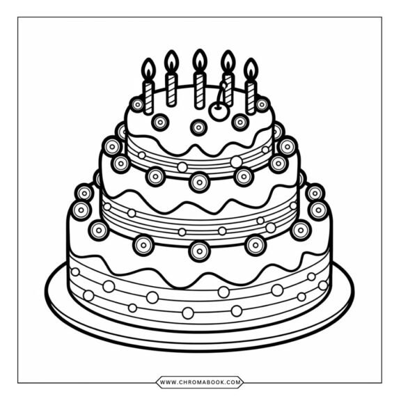A delightful birthday cake coloring page featuring whimsical layers, candles, and decorations, perfect for a free printable activity.