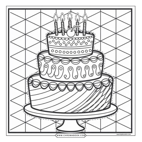 A delightful birthday cake coloring page featuring intricate designs and whimsical patterns, perfect for a free printable activity.