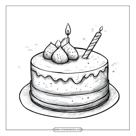 A whimsical birthday cake coloring page featuring layers of frosting, candles, and decorative elements, perfect for a fun, free printable activity.