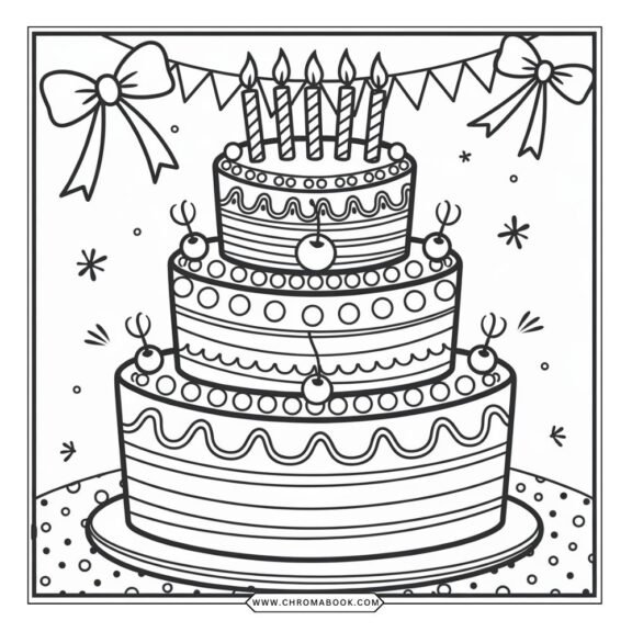 A delightful birthday cake coloring page featuring intricate designs and layers, perfect for a fun, creative activity. Free printable!