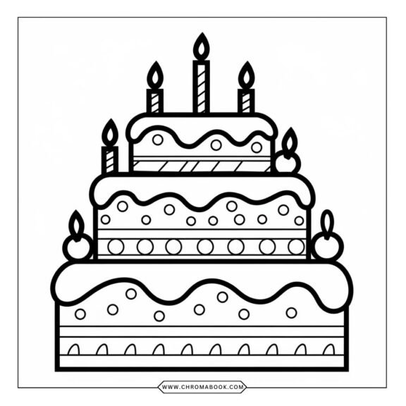 A whimsical birthday cake coloring page featuring intricate patterns and decorations, perfect for creativity. Free printable!