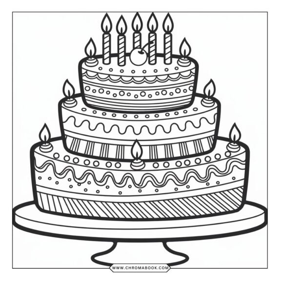 A delightful birthday cake coloring page featuring whimsical layers, candles, and decorative elements. Free printable fun for all ages!