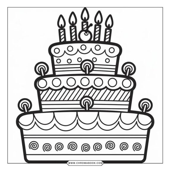 A festive birthday cake adorned with candles and whimsical decorations, perfect for a fun coloring page. Free printable available!