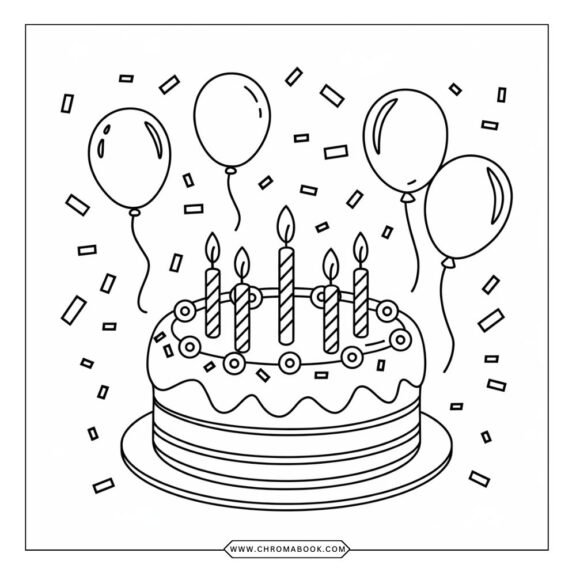 A whimsical birthday cake coloring page featuring layered cakes, candles, and decorative swirls. Perfect for a creative, free printable activity!