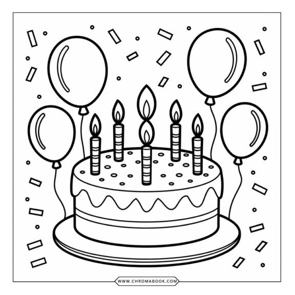 A whimsical birthday cake coloring page featuring layers of intricate designs, balloons, and candles. Free printable for festive fun!