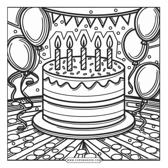 A whimsical birthday cake coloring page featuring layered cakes, candles, and playful decorations. Free printable for creative fun!