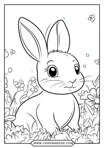 A whimsical bunny surrounded by flowers and swirling patterns, perfect for a creative escape. Free printable coloring page.