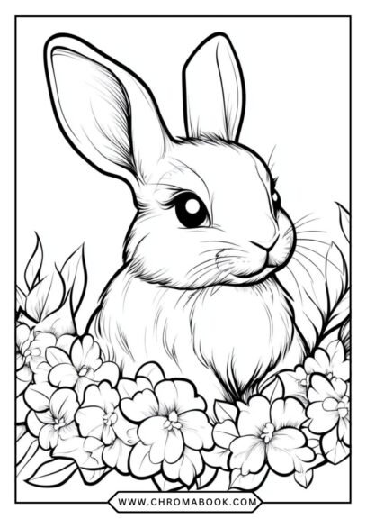 A delightful bunny surrounded by whimsical flowers and patterns, perfect for a fun coloring page. Enjoy this free printable!