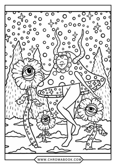 A surreal mandala featuring swirling shapes and eerie creatures, perfect for a creepy trippy coloring page. Free printable design!
