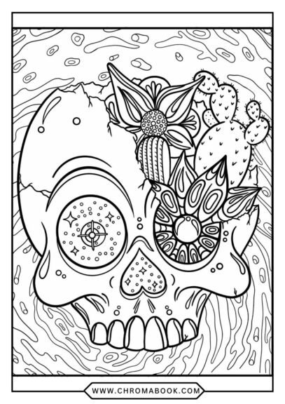 A surreal mandala featuring swirling patterns and eerie creatures, perfect for relaxation. Free printable coloring page for all ages.