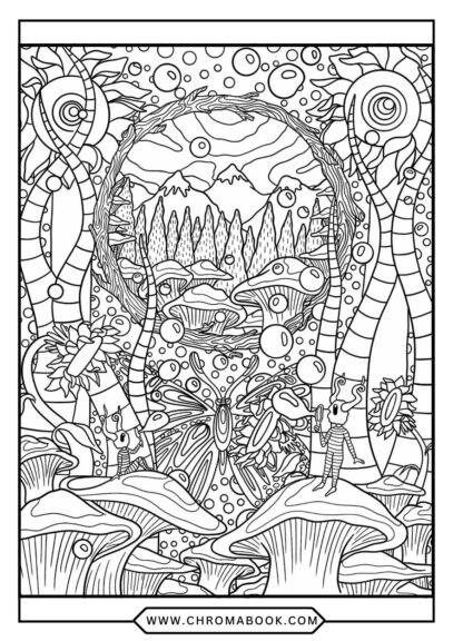 A surreal mandala with intricate swirls and eerie faces, perfect for creative minds. Free printable coloring page awaits your colors!