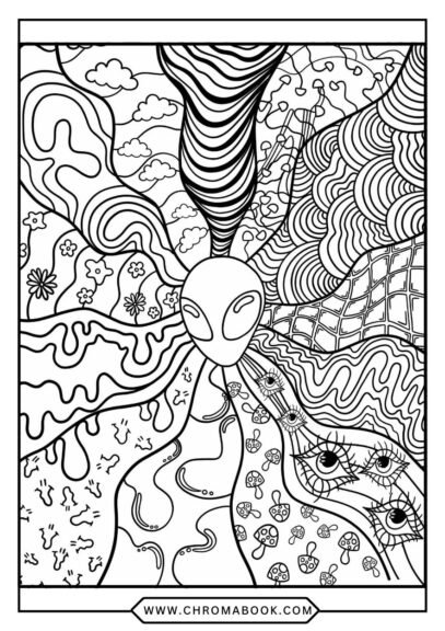 A mesmerizing mandala design with eerie, swirling patterns and whimsical creatures; perfect for a creepy trippy coloring page. Free printable!