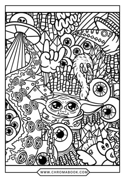 Intricate mandala with swirling patterns and eerie motifs, perfect for creative expression. Free printable coloring page.