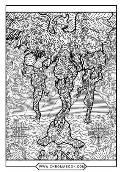 A surreal, intricate mandala featuring swirling patterns and eerie creatures, perfect for a spooky vibe. Free printable coloring page.