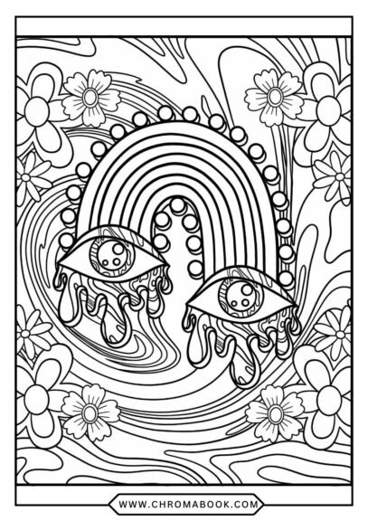A surreal, intricate mandala featuring swirling shapes and eerie creatures, perfect for a creepy trippy coloring page. Free printable!