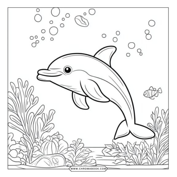 A playful dolphin surrounded by waves and bubbles, designed as a fun coloring page for all ages. Free printable for creative enjoyment!