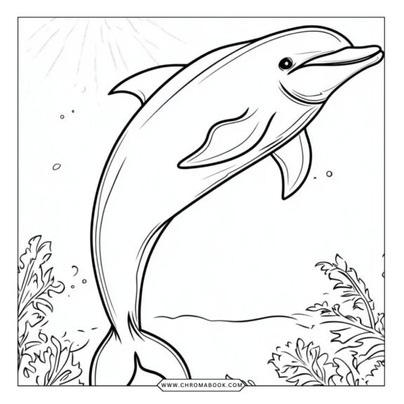 A whimsical dolphin swimming amidst intricate waves and coral patterns, this free printable coloring page invites creativity and fun.