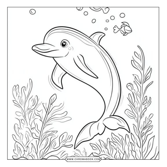 A whimsical dolphin swimming among waves and sea plants, designed as a coloring page. Perfect for kids! Free printable.