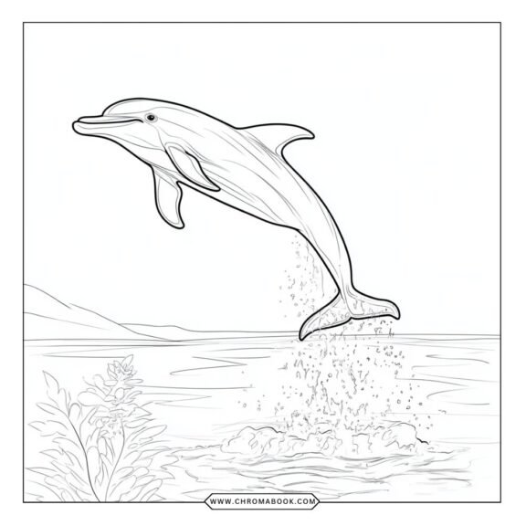 A playful dolphin swimming among waves and seaweed, designed as a detailed coloring page. Perfect for a free printable activity!
