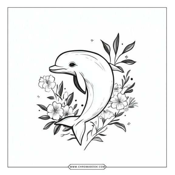 A whimsical dolphin swimming among waves and seaweed, designed as a playful coloring page. Perfect for a free printable activity!