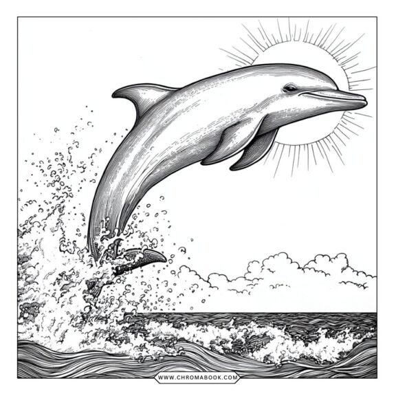 A whimsical dolphin swimming among waves and sea plants, perfect for relaxation. Enjoy this free printable coloring page!