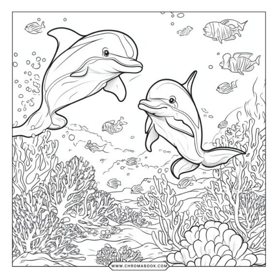 A playful dolphin surrounded by swirling waves and intricate patterns, perfect for a creative coloring page. Free printable!