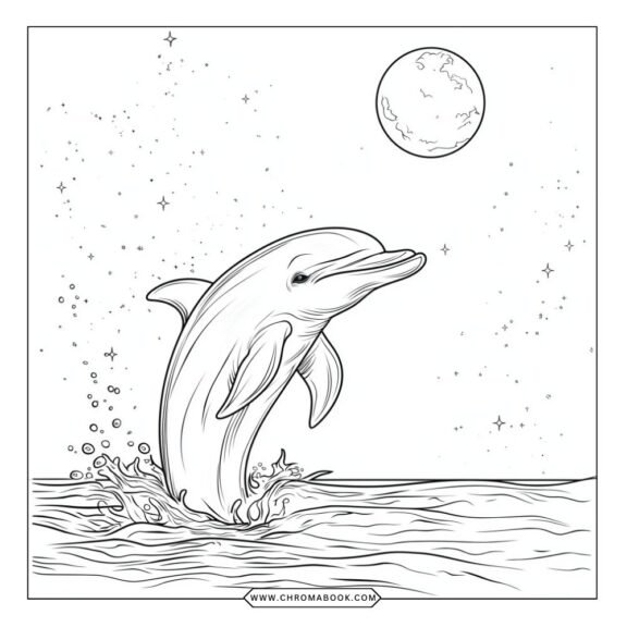 A playful dolphin surrounded by ocean waves and bubbles, perfect for a fun coloring page. Enjoy this free printable!