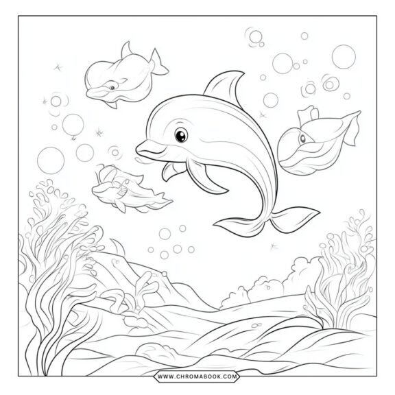 A playful dolphin swimming among waves and seaweed, perfect for kids. Free printable coloring page for creative fun!