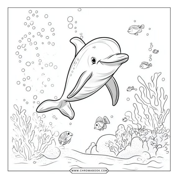 A playful dolphin surrounded by waves and intricate patterns, perfect for a fun coloring page. Free printable for all ages!