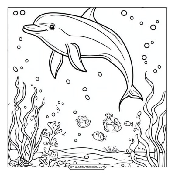 A playful dolphin swims amidst intricate waves and marine patterns in this delightful coloring page, perfect for a free printable activity.
