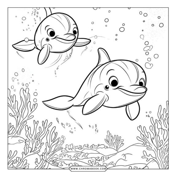 A playful dolphin design surrounded by waves and sea life, ideal for creativity. Free printable coloring page for ocean lovers!
