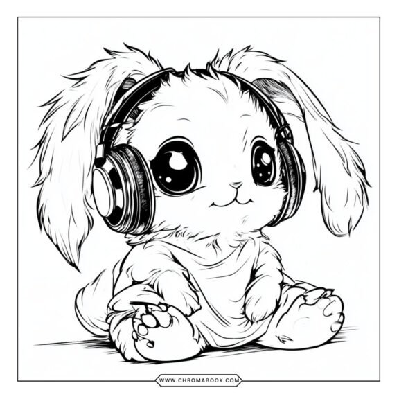 Kawaii animals wearing headphones in playful poses, perfect for a fun coloring page. Enjoy this free printable for creative fun!