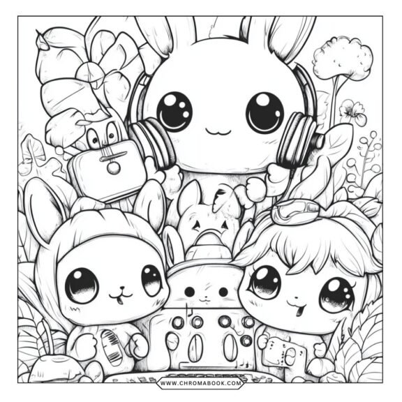Cute kawaii animals wearing headphones in a playful design, perfect for a fun coloring page. Download this free printable now!