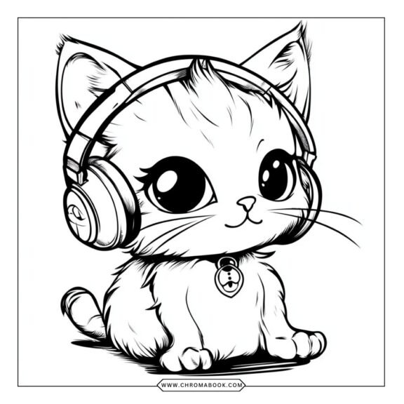 A cute kawaii animal wearing headphones, surrounded by playful musical notes, perfect for a fun coloring page. Free printable!