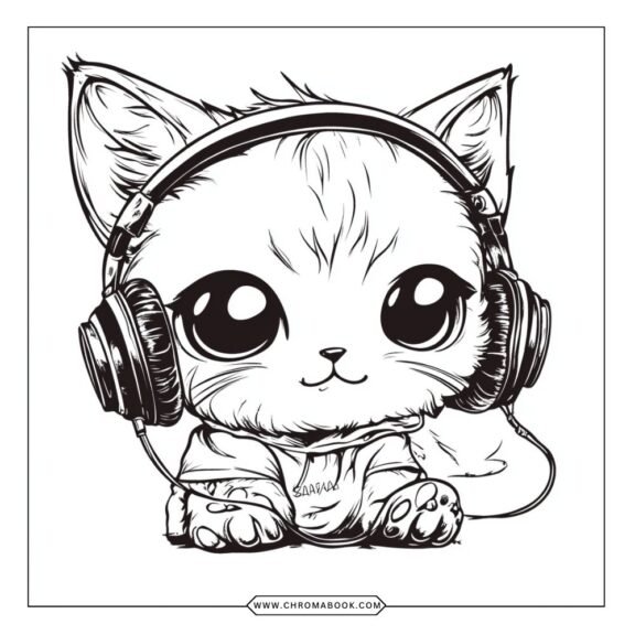 A delightful coloring page featuring kawaii animals wearing headphones, perfect for kids. Enjoy this free printable design!