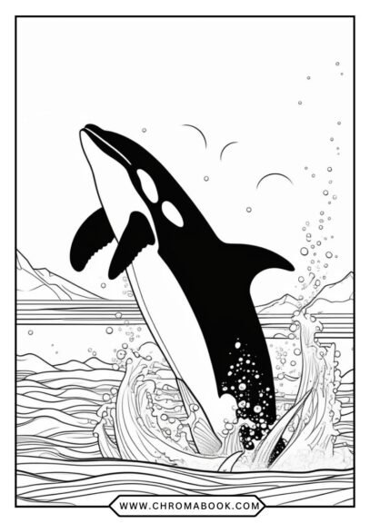 A beautifully intricate killer whale coloring page featuring detailed patterns and ocean elements, perfect for a free printable activity.
