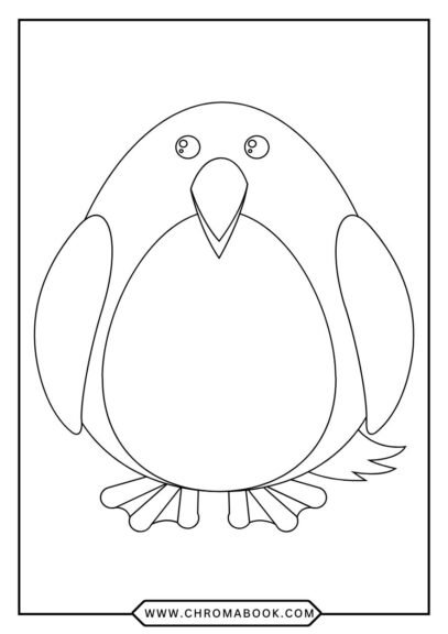 A charming penguin surrounded by whimsical icebergs and snowflakes, perfect for a fun coloring page. Free printable for kids!
