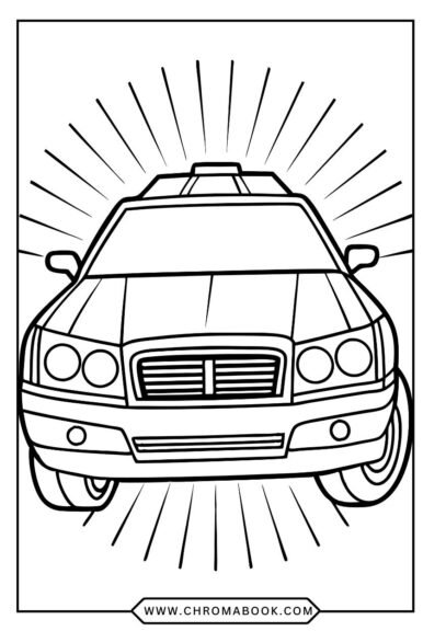 A fun police car coloring page featuring a detailed police vehicle, perfect for kids. Enjoy this free printable design!