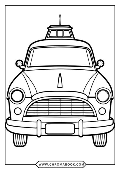 A fun police car coloring page featuring a detailed police vehicle design, perfect for kids. Free printable for creative enjoyment!