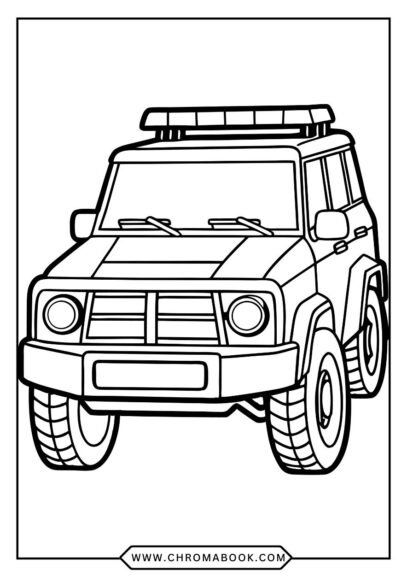 A detailed police car coloring page featuring a police vehicle surrounded by stars and badges, perfect for kids. Free printable!