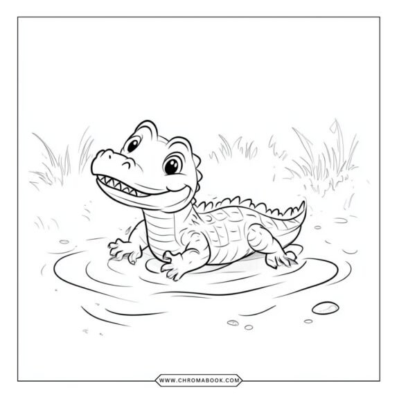 A whimsical alligator surrounded by tropical leaves, perfect for kids to color. Download this free printable coloring page!
