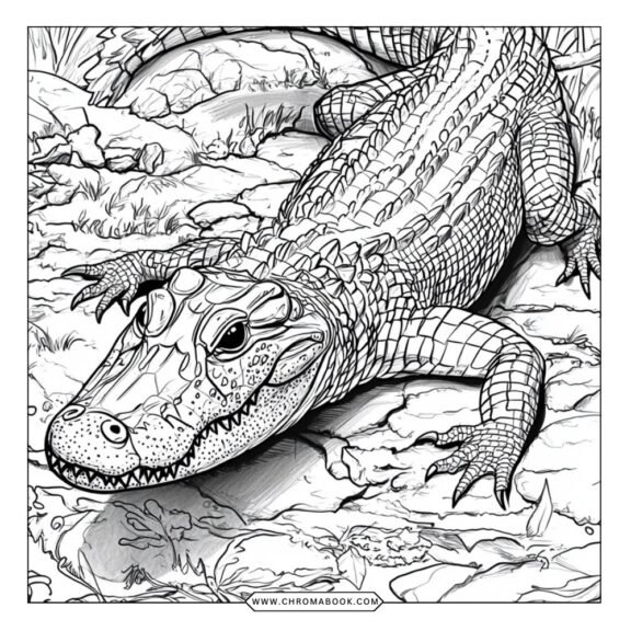 A fun alligator coloring page featuring a playful gator surrounded by tropical plants, perfect for kids. Free printable!