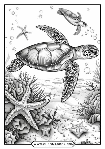 A detailed sea turtle coloring page featuring intricate designs and patterns, perfect for creativity. Free printable for all ages!