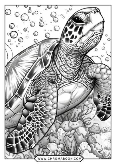 A detailed sea turtle coloring page featuring intricate patterns and designs, perfect for creativity. Free printable for all ages!